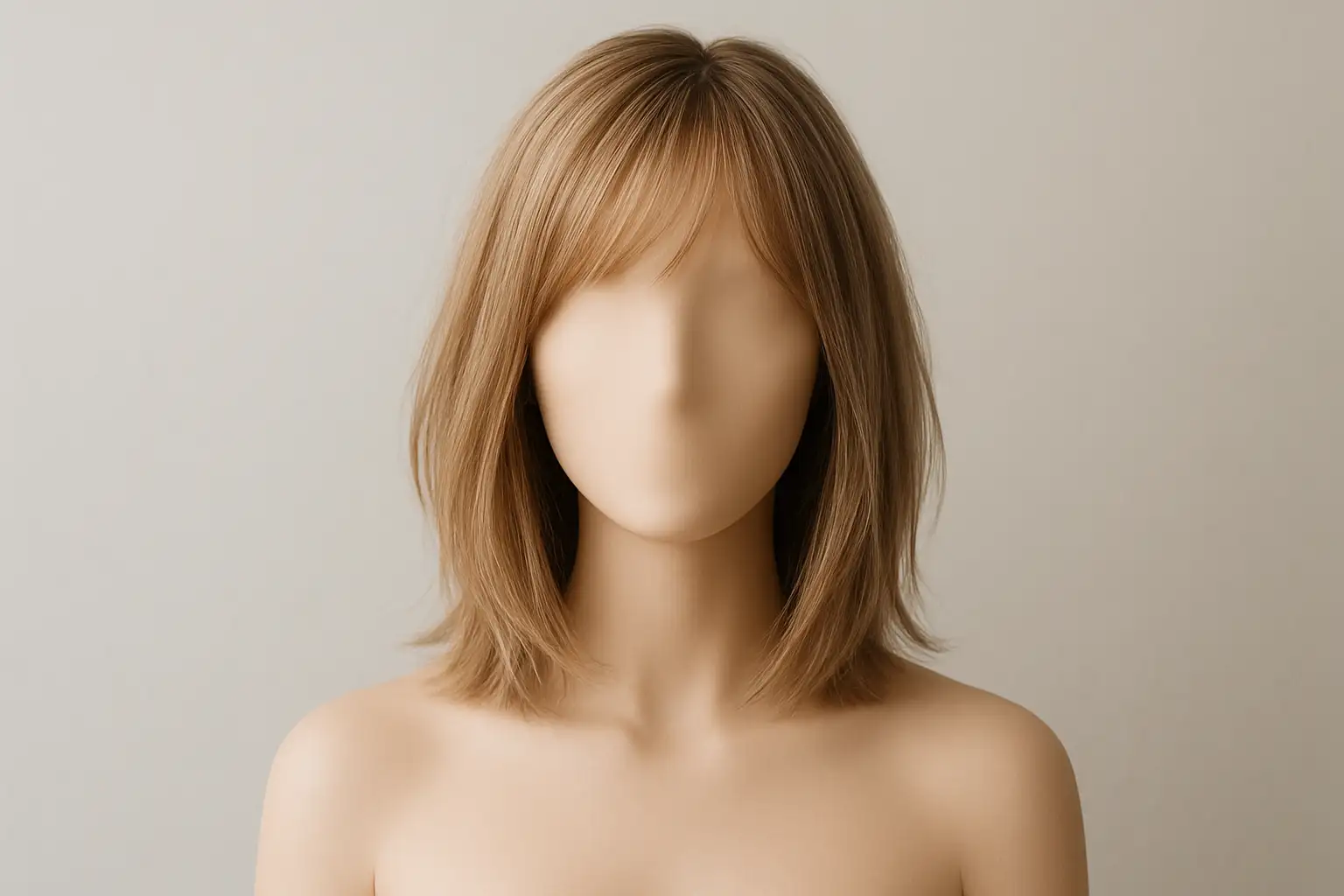 Buste de mannequin portant un carré mi-long légèrement plongeant avec une frange effilée