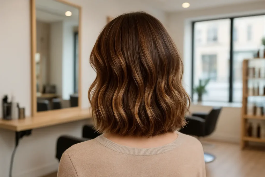 Femme avec un carré long dégradé wavy dans un salon de coiffure
