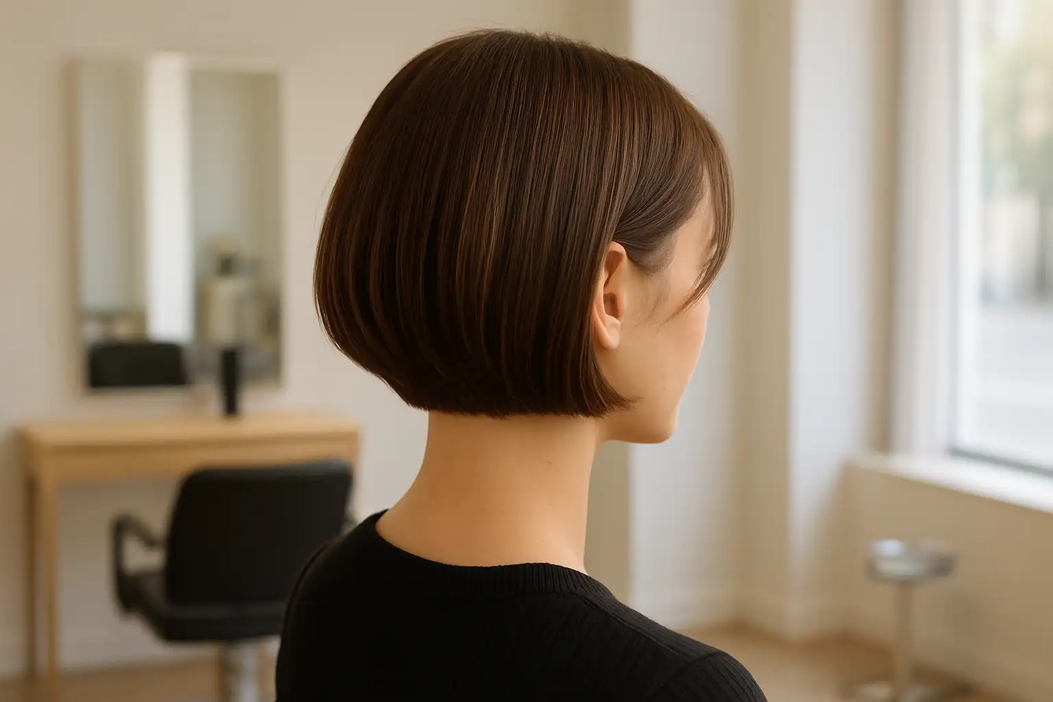 Femme avec un carré plongeant net, vu de trois-quarts dans un salon de coiffure