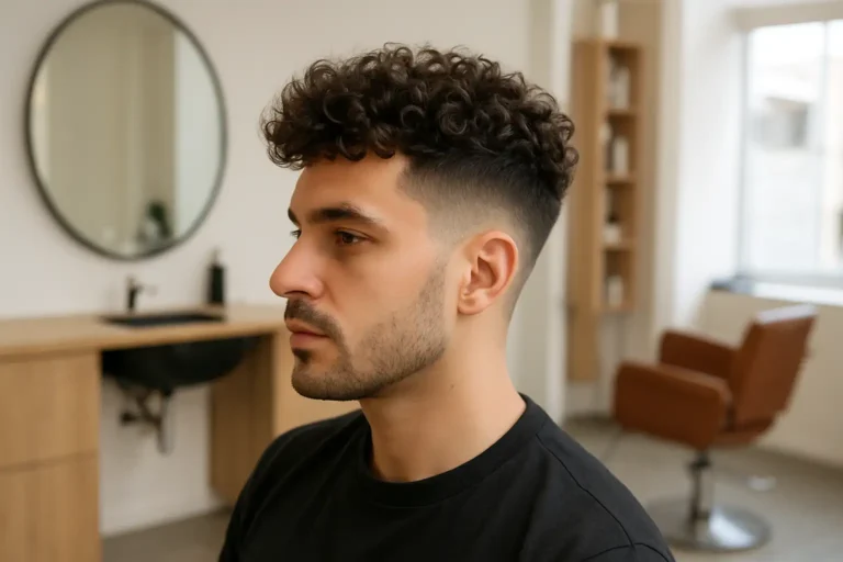 Homme aux cheveux bouclés avec une coupe dégradée nette et du volume sur le dessus