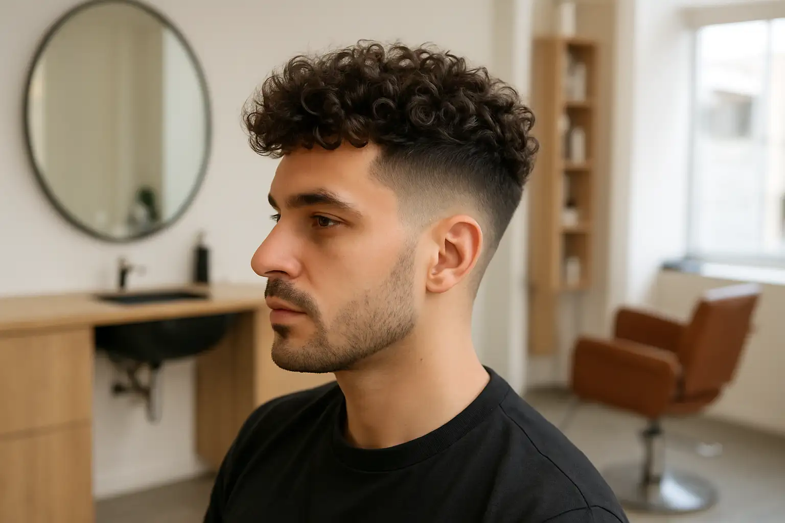 Homme aux cheveux bouclés avec une coupe dégradée nette et du volume sur le dessus