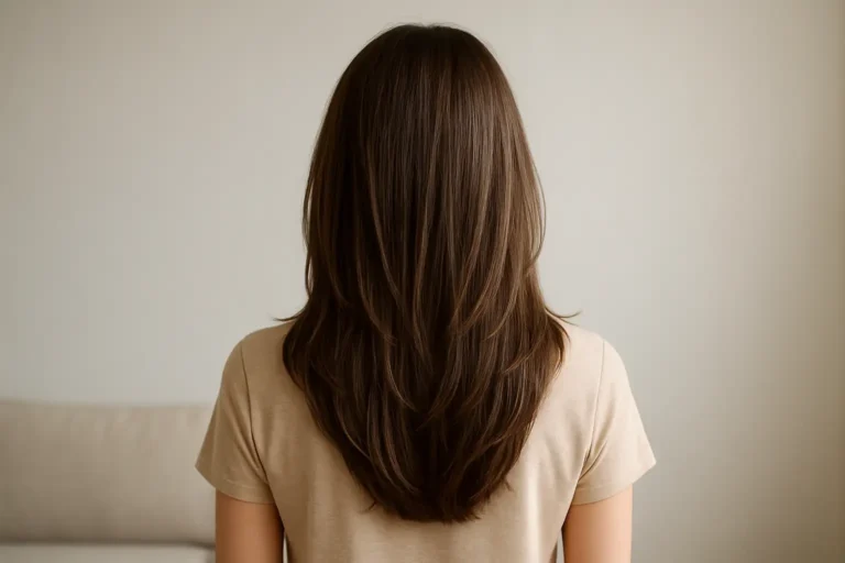 Femme de dos avec une coupe longue moderne, dégradé subtil et couches longues