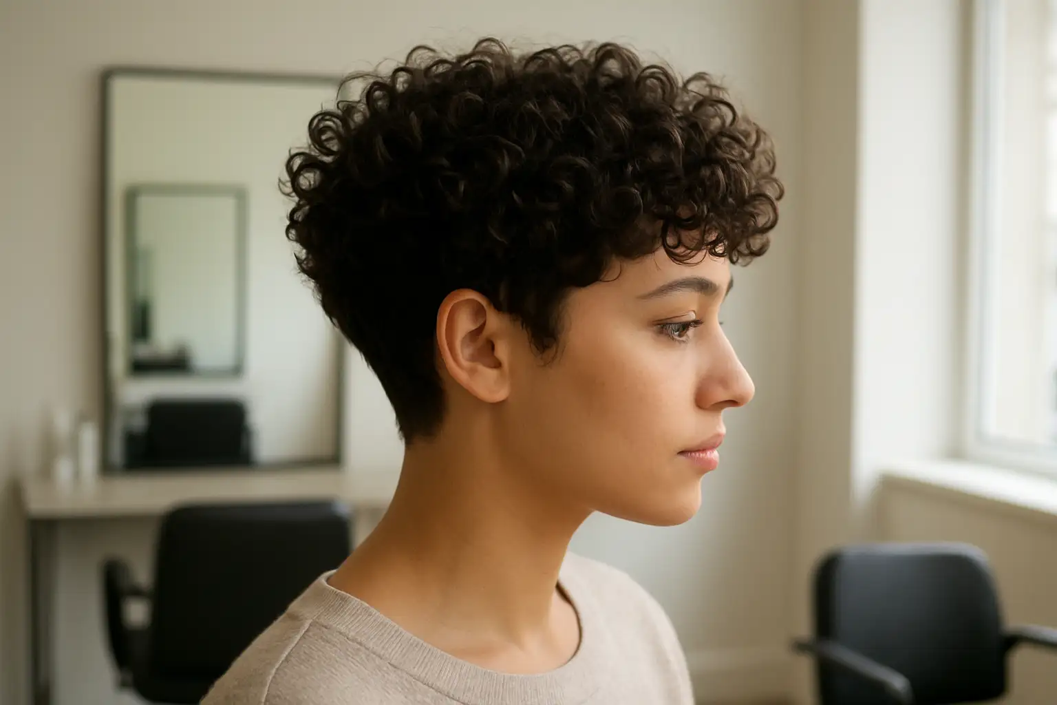 Femme avec une coupe courte bouclée moderne dans un salon de coiffure