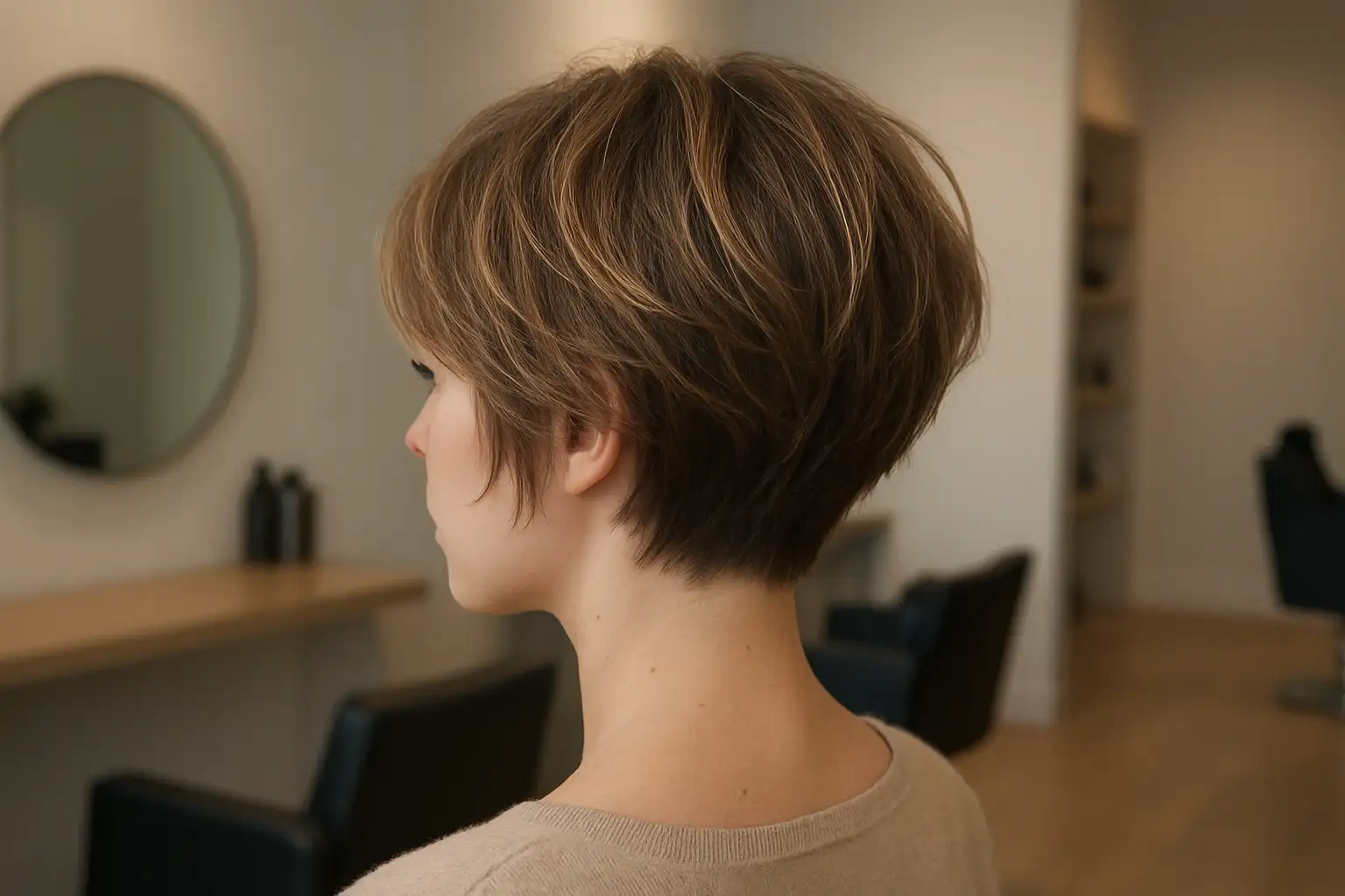 Coupe courte dégradée effilée sur cheveux courts, vue de trois-quarts