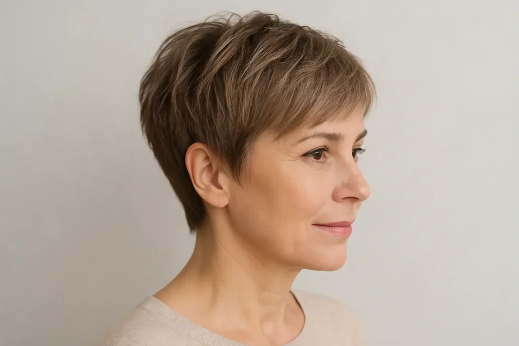 Femme d’environ 50 ans avec un pixie effilé moderne, nuque dégagée et texture naturelle sur fond clair
