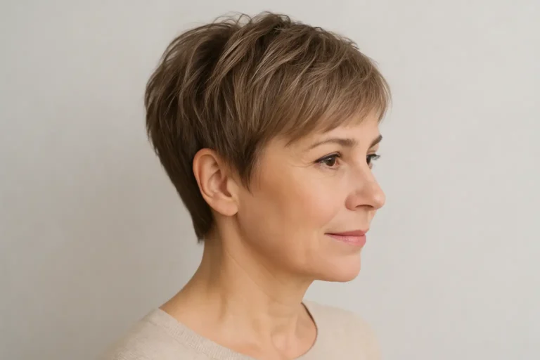 Femme d’environ 50 ans avec un pixie effilé moderne, nuque dégagée et texture naturelle sur fond clair