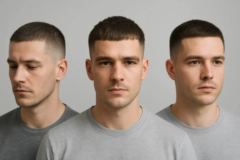 Trois coupes courtes pour homme : buzz cut texturé, French crop et crew cut dégradé