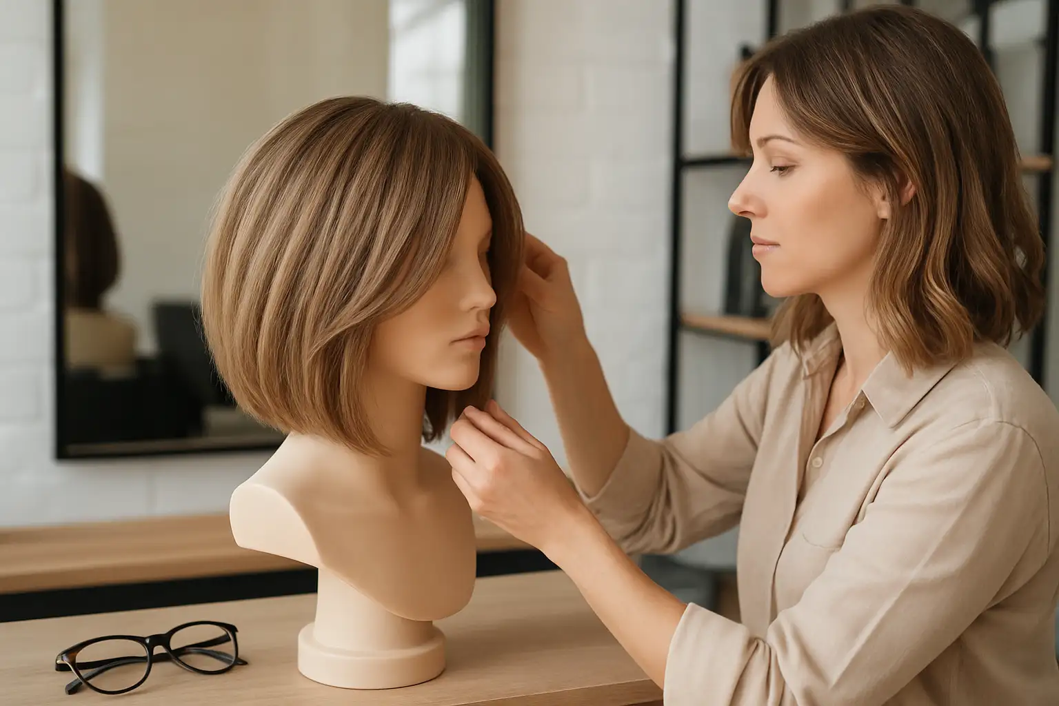 Coiffeuse ajustant un lob flou sur une tête mannequin avec des lunettes à côté