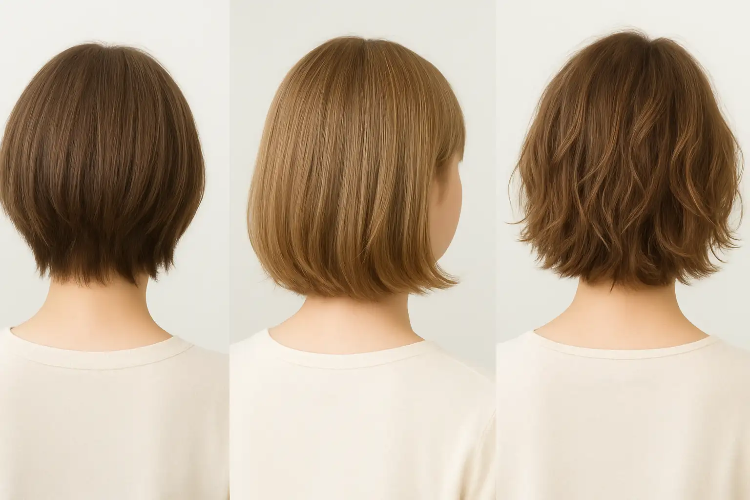 Triptyque de coupes mi-courtes pour femme avec dégradé subtil, pointes effilées et version ondulée.