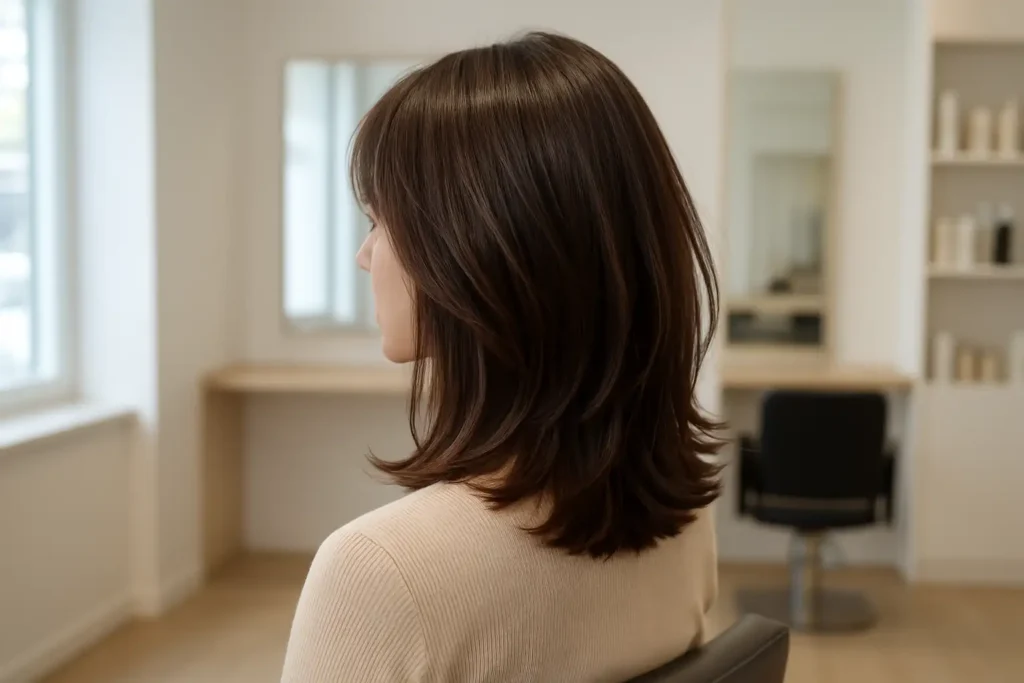 Femme avec une coupe de cheveux mi long dégradé au rendu naturel et moderne
