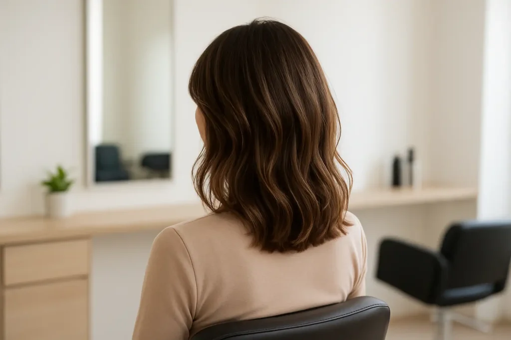 Femme avec une coupe dégradée mi-longue aux épaules, coiffée en wavy naturel