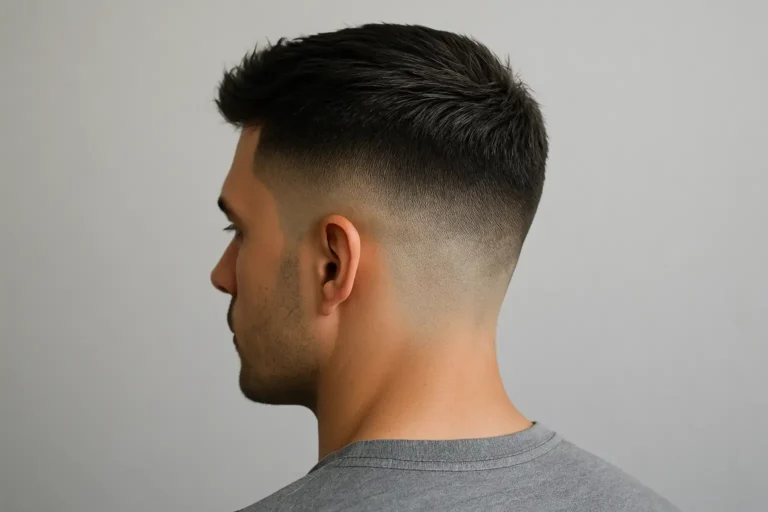 Homme de trois-quarts arrière avec une coupe espagnole : côtés très dégradés, nuque nette et dessus texturé coiffé vers l’avant.