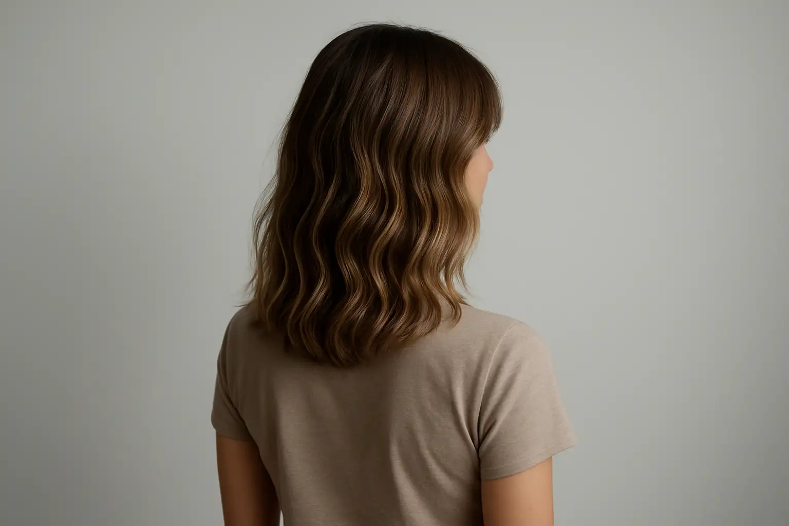 Femme avec une coupe mi-longue wavy et dégradée arrivant aux clavicules