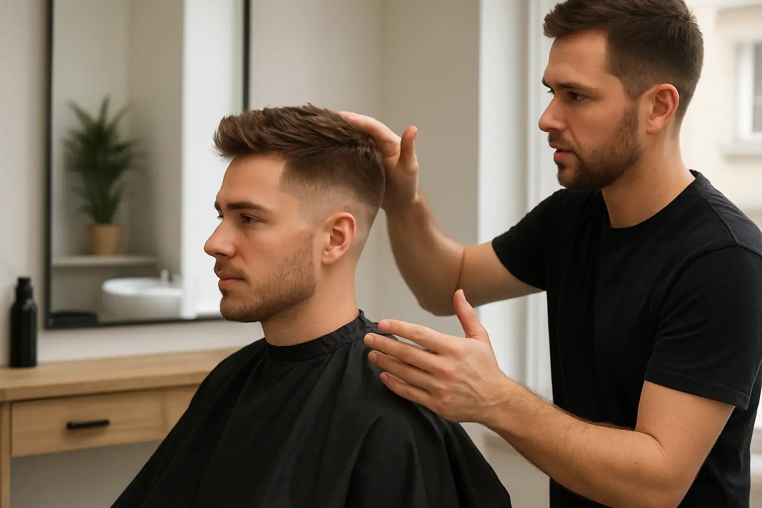 Homme montrant une coupe courte texturisée et un dégradé moderne dans un salon de coiffure