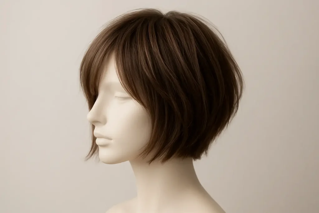 Mannequin de trois quarts avec un bob court texturé et asymétrique