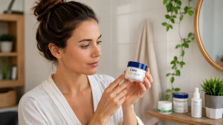 Femme examinant une crème Cien Q10 dans une salle de bain lumineuse avant application