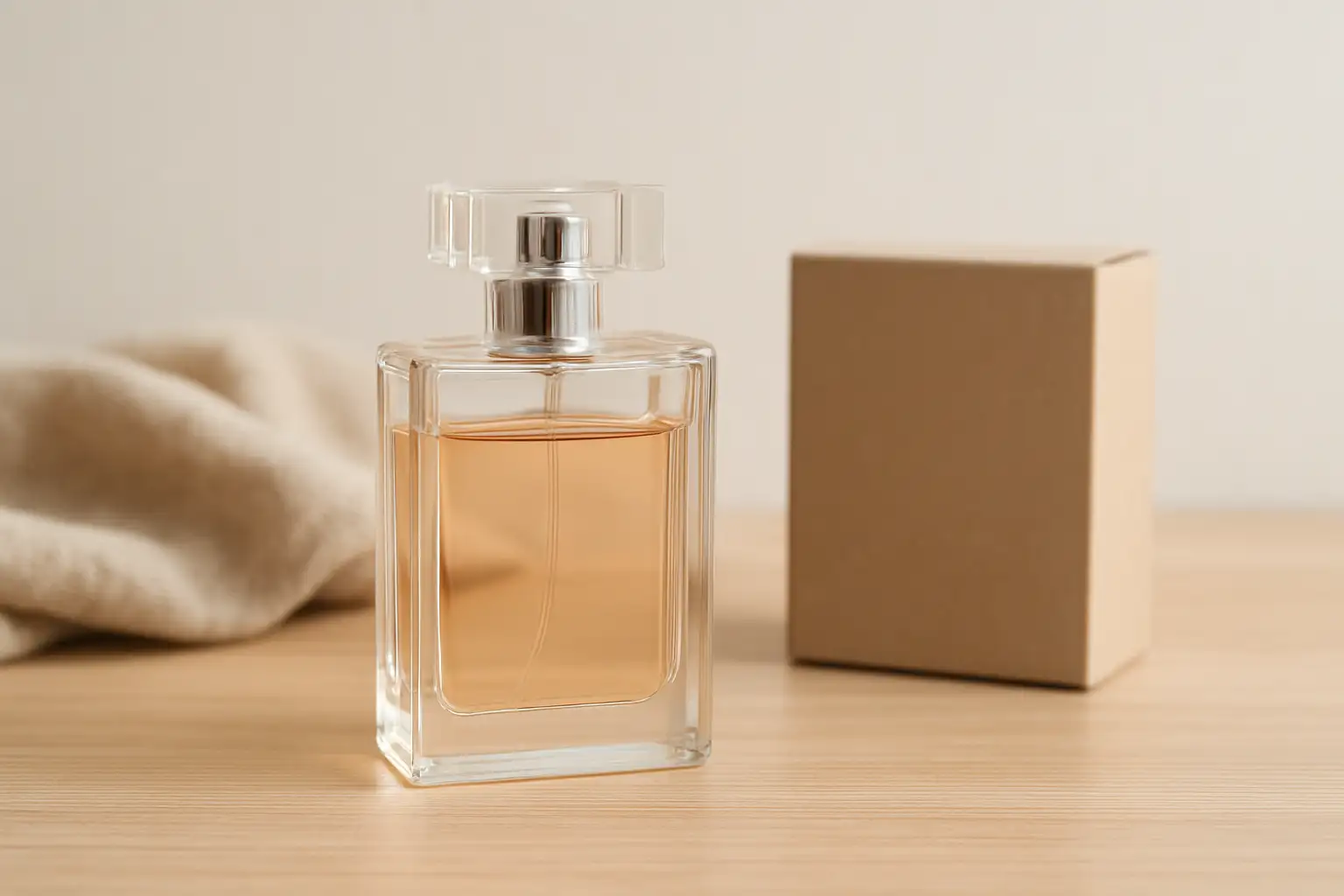 Flacon de parfum neutre posé sur un fond sobre avec un petit emballage carton discret