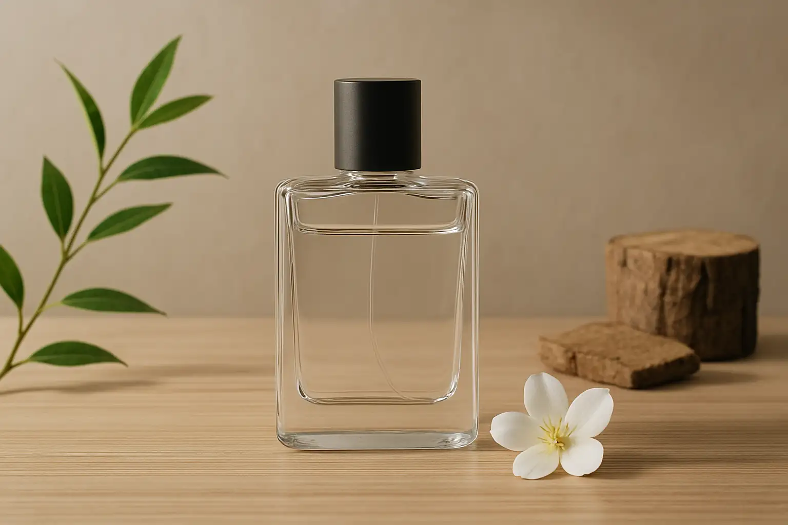 Flacon de parfum minimaliste entouré de matières naturelles dans une ambiance de parfumerie de niche
