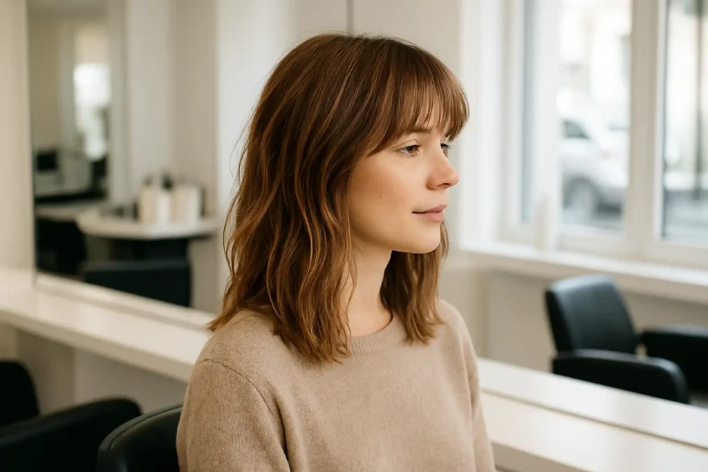 Femme avec une frange effilée légère dans un salon de coiffure