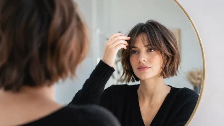 Femme avec frange rideau courte et carré moderne ajustant sa coiffure devant un miroir
