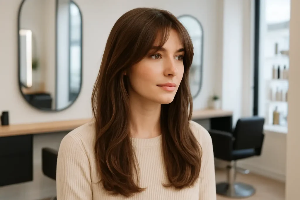 Femme avec frange rideau longue sur cheveux longs, coiffage naturel