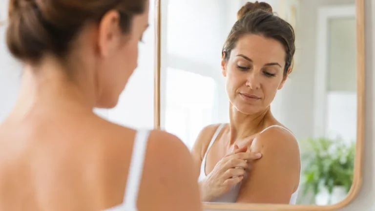 Femme observant un grain de beauté en relief sur son épaule devant un miroir lumineux