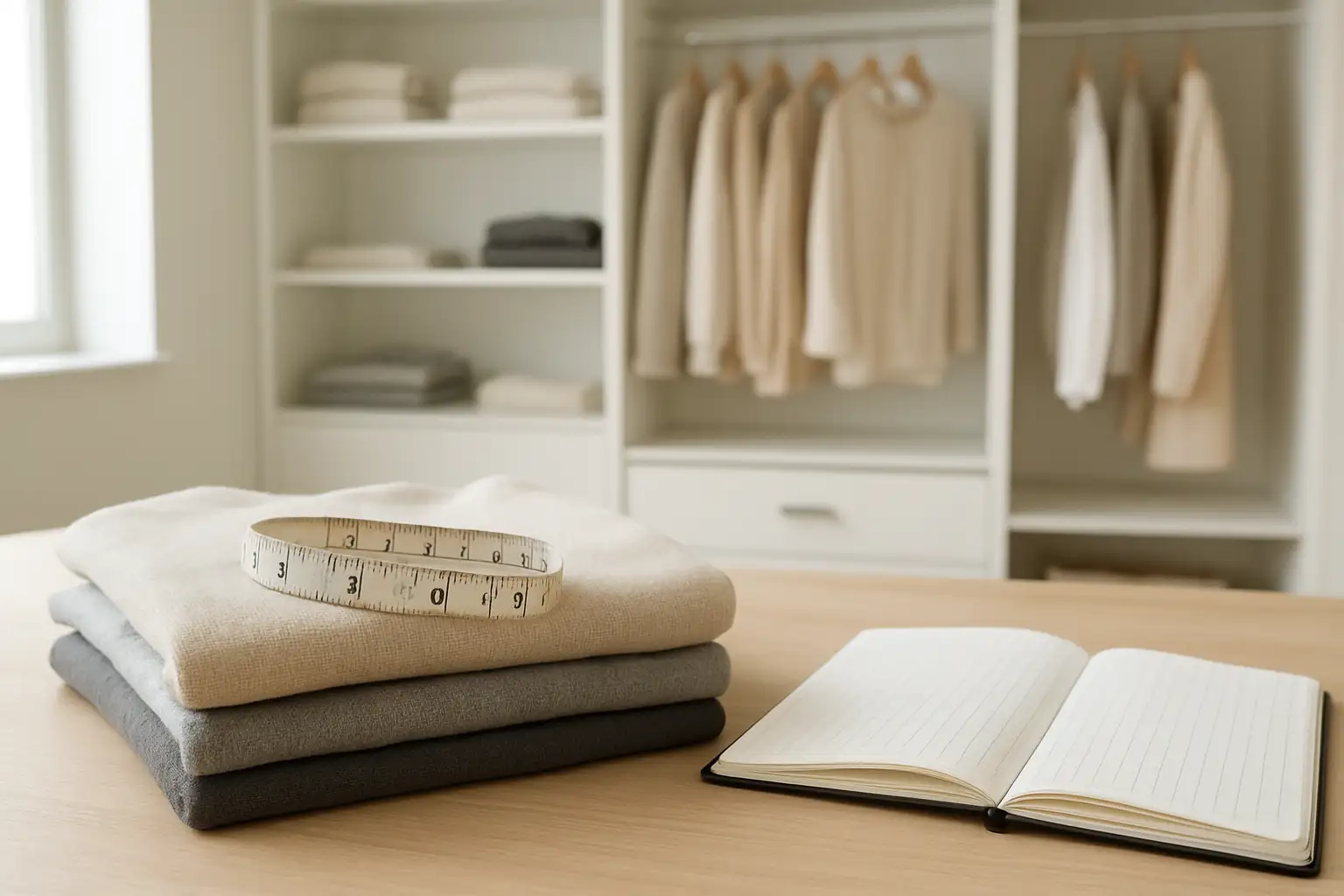 Mètre ruban et vêtements pour choisir la bonne taille avec un guide de tailles.