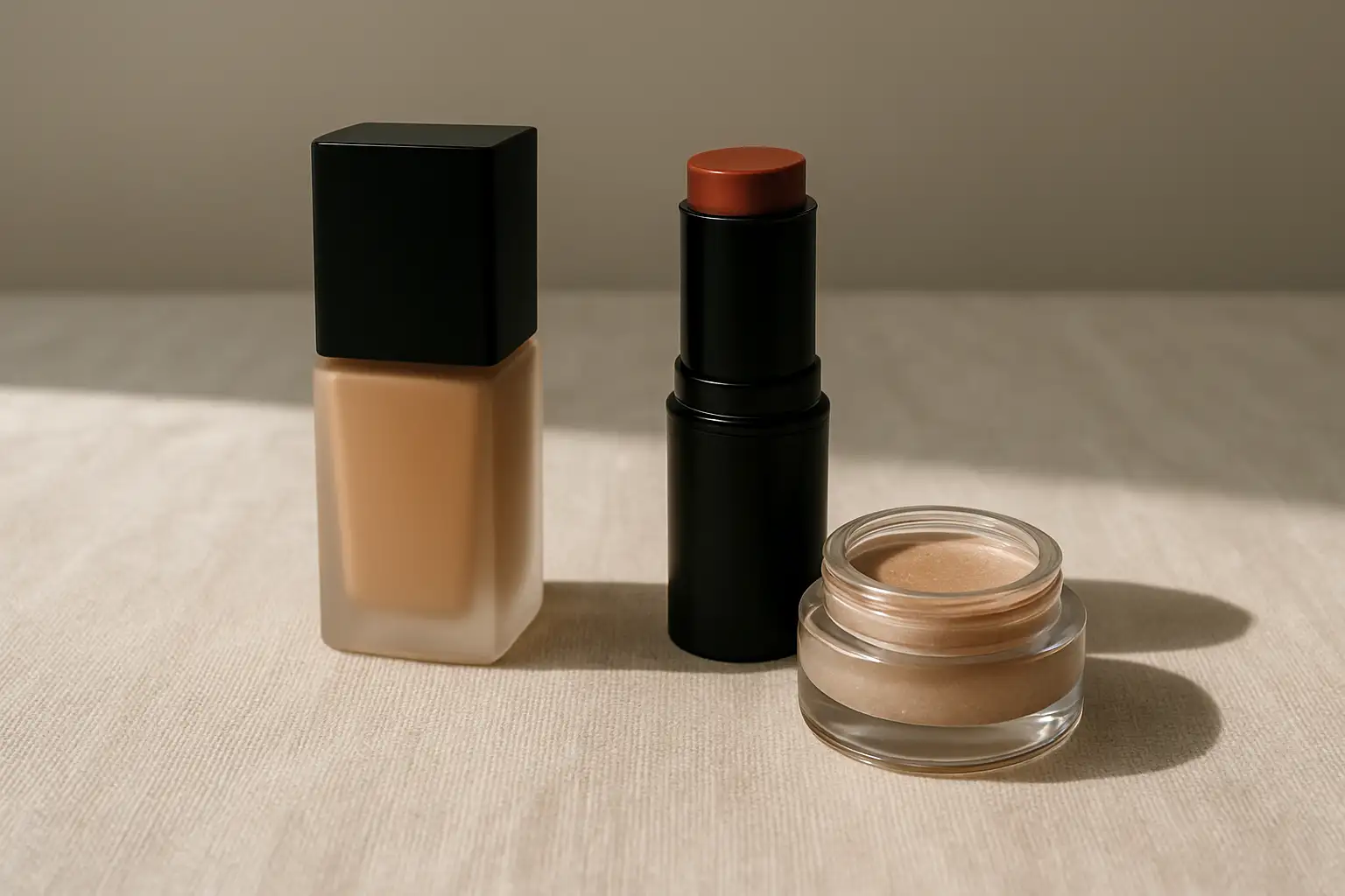 Produits Haus Labs posés sur un fond beige clair, dans une mise en scène beauté sobre et lumineuse.