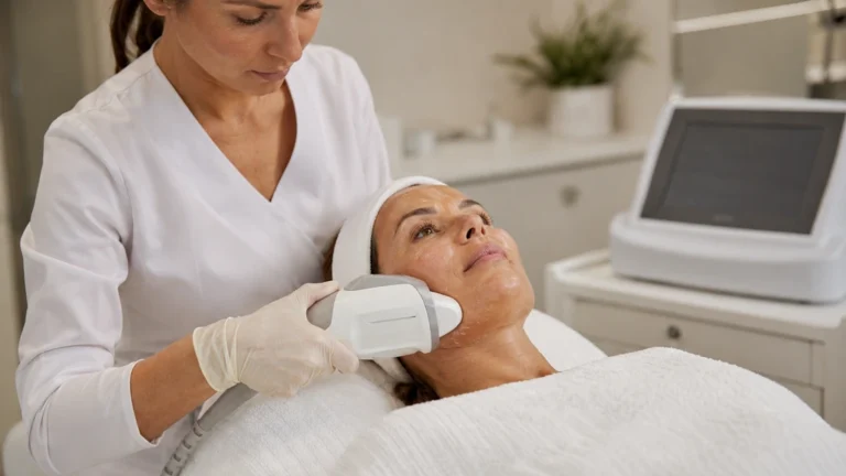 Femme recevant un soin HIFU du visage dans un cabinet esthétique moderne