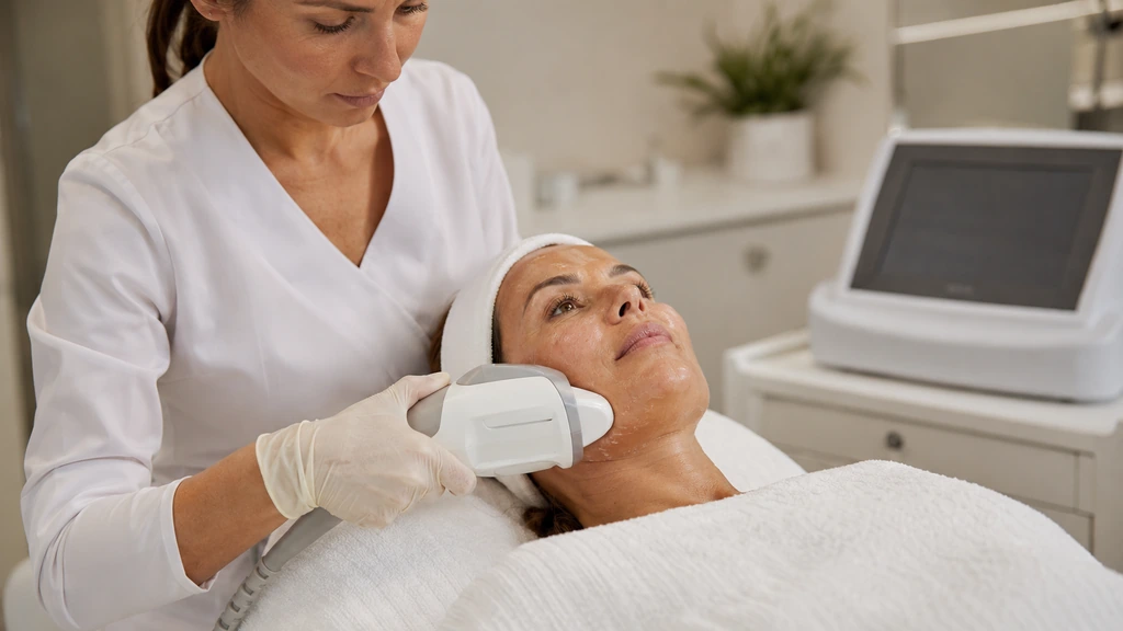 Femme recevant un soin HIFU du visage dans un cabinet esthétique moderne