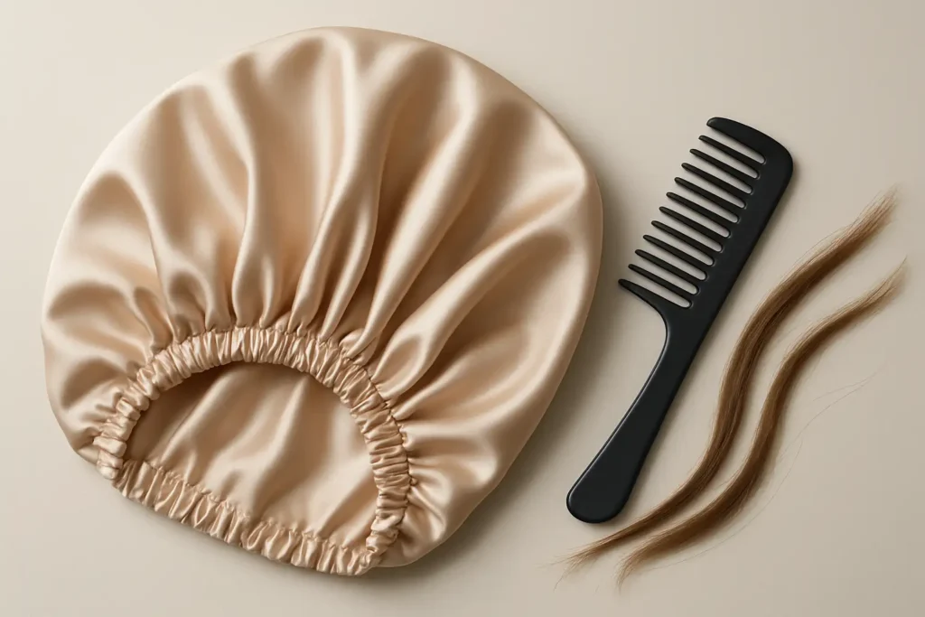 Kardoune en satin posé à plat avec un peigne et quelques mèches lisses sur fond clair