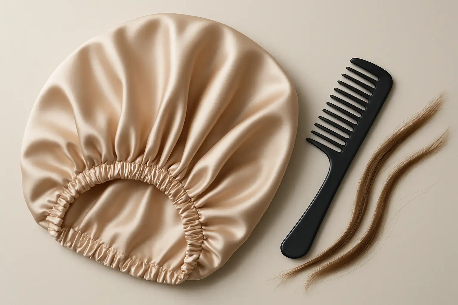 Kardoune en satin posé à plat avec un peigne et quelques mèches lisses sur fond clair