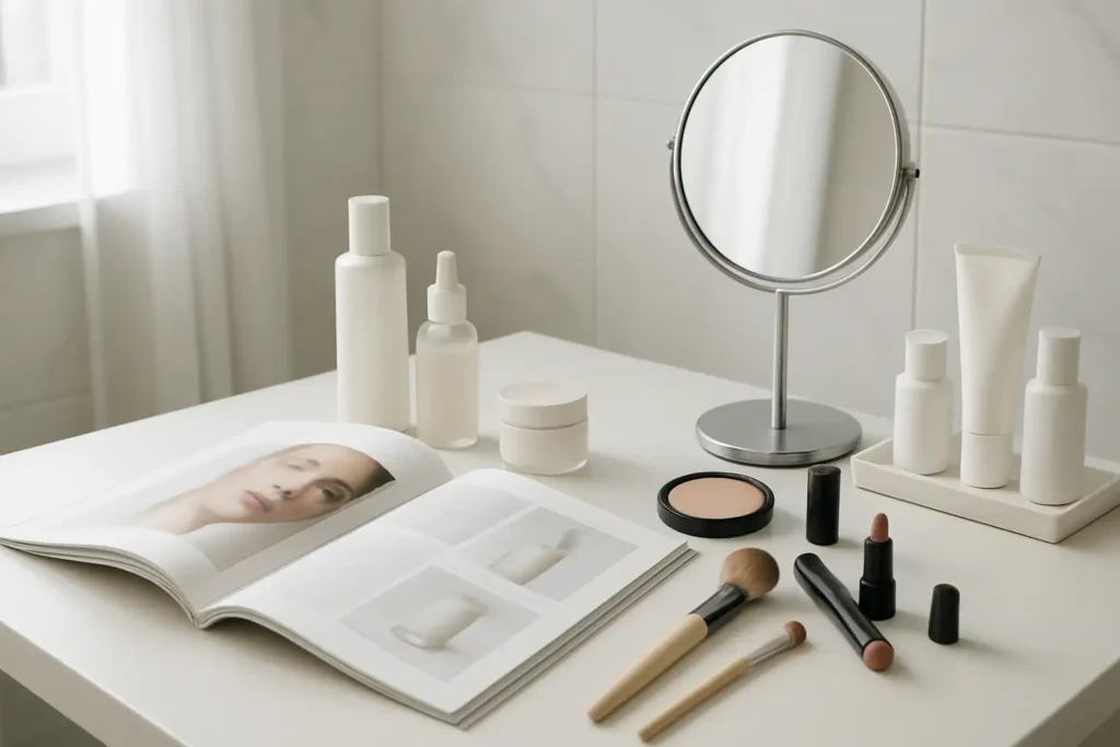 Magazine beauté posé près de produits de soin et de maquillage dans un intérieur lumineux