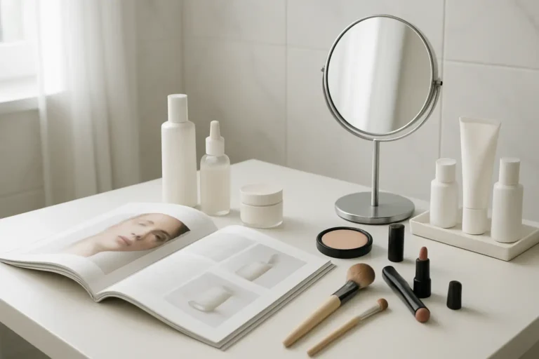 Magazine beauté posé près de produits de soin et de maquillage dans un intérieur lumineux