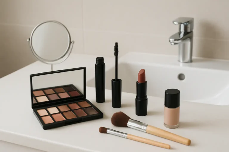 Produits de maquillage pas cher disposés sur une table de salle de bain moderne
