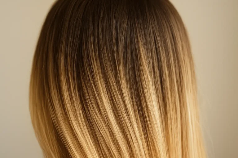 Gros plan d’une base brune naturelle avec des mèches blondes progressives et fondues