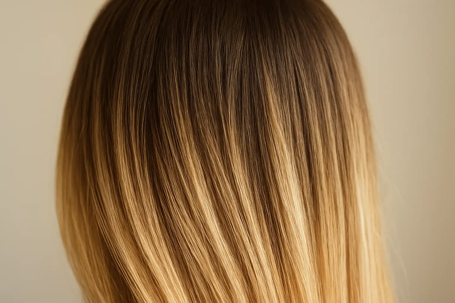 Gros plan d’une base brune naturelle avec des mèches blondes progressives et fondues