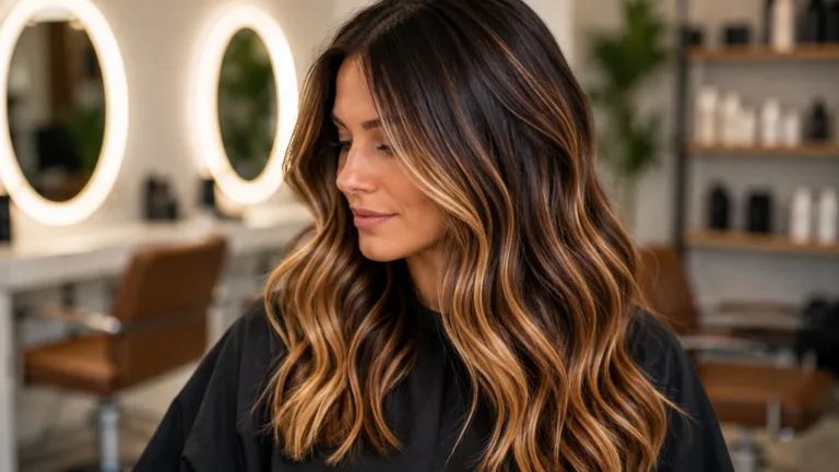Femme aux cheveux ondulés avec mèches miel caramel lumineuses dans un salon de coiffure moderne