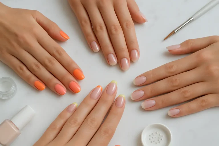 Mains avec plusieurs manucures tendance pour l’été 2025, dont sunset manucure, jelly nails et french colorée