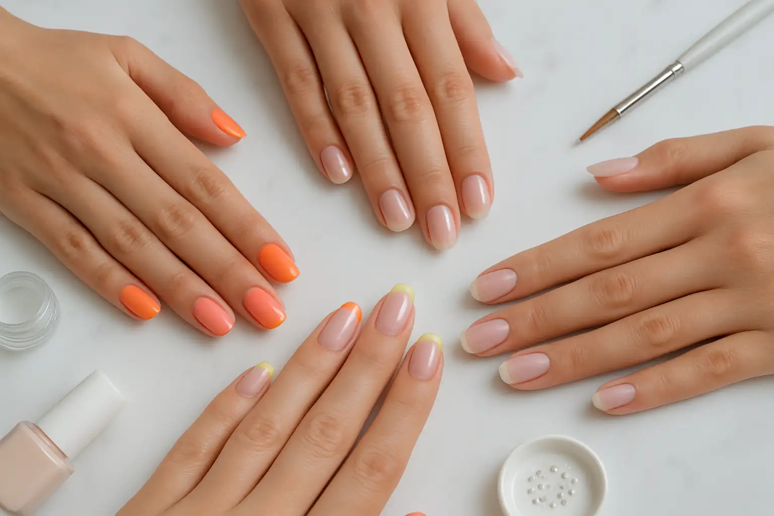 Mains avec plusieurs manucures tendance pour l’été 2025, dont sunset manucure, jelly nails et french colorée