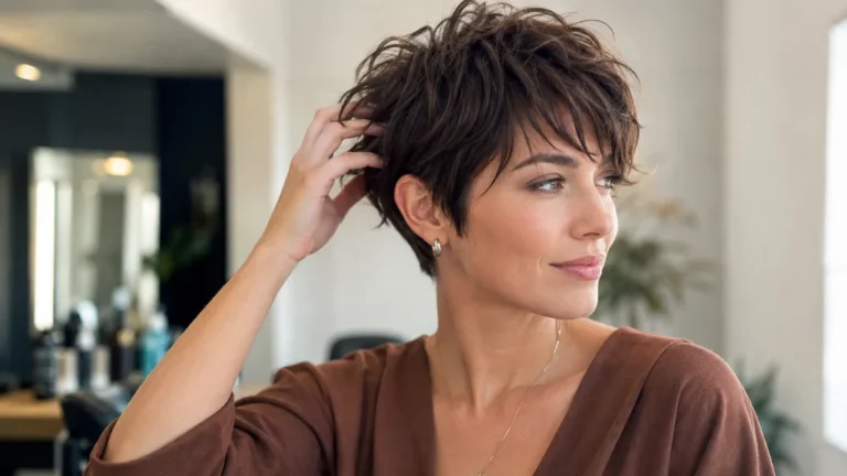Femme avec coupe courte originale et moderne dans un salon de coiffure lumineux