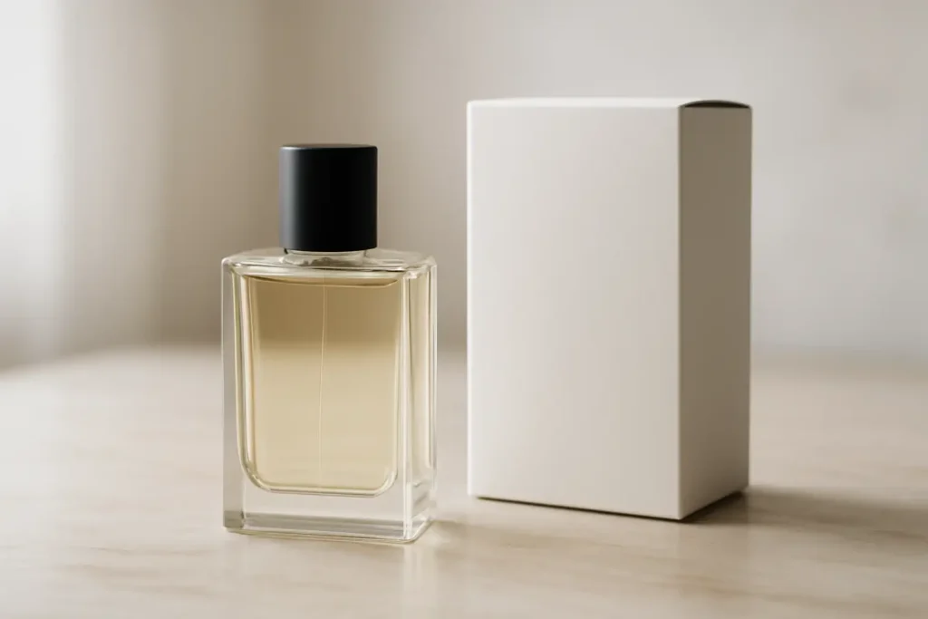 Flacon de parfum élégant posé sur une surface neutre avec sa boîte à côté
