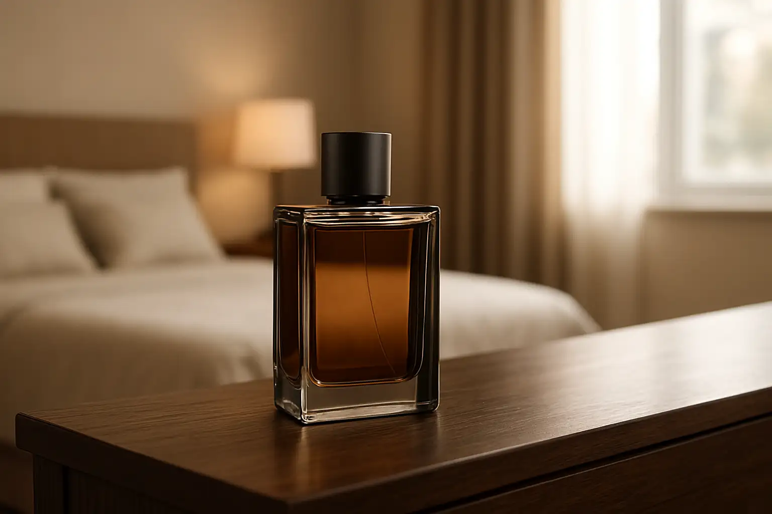 Flacon de parfum masculin élégant sur une console en bois sombre