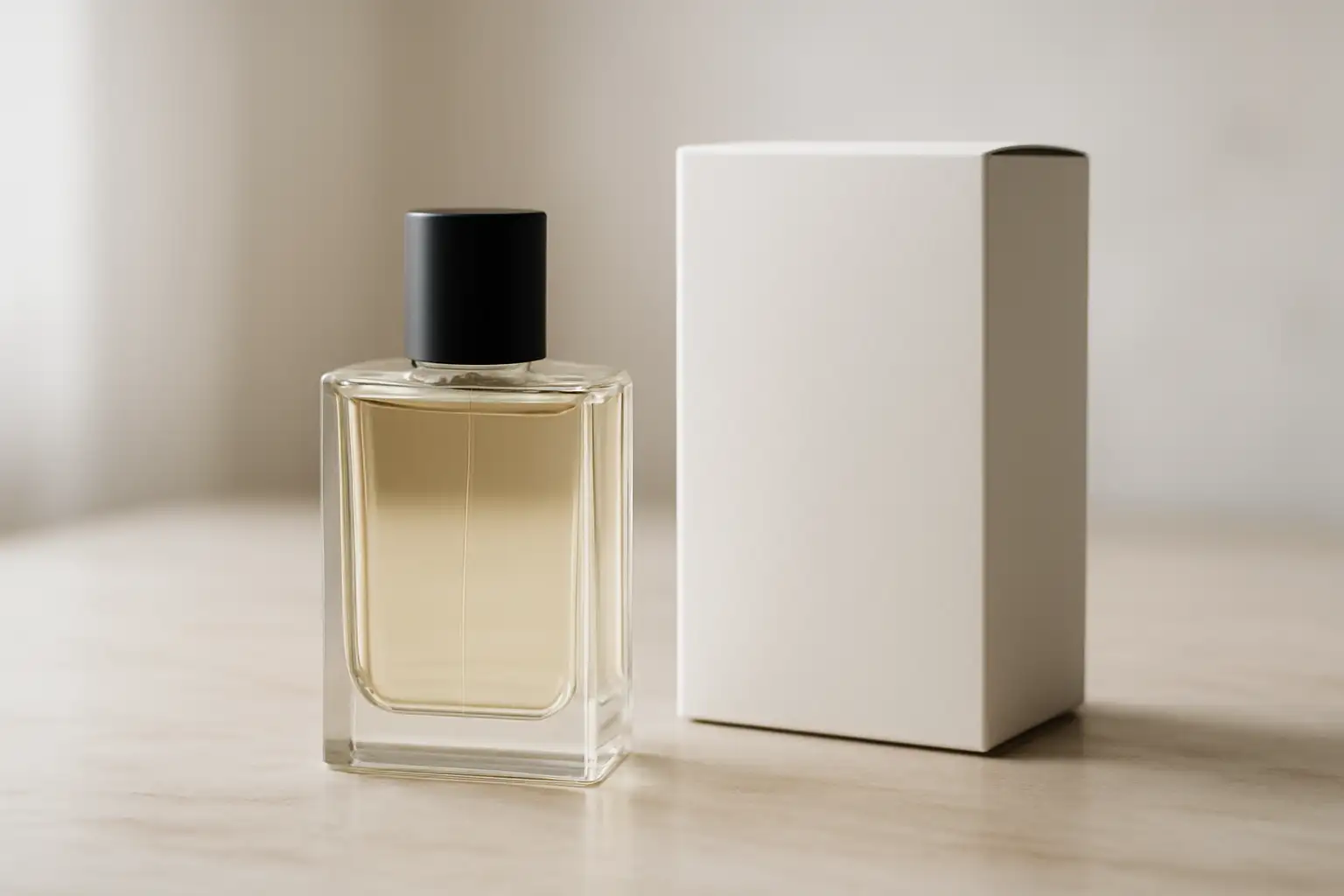 Flacon de parfum élégant posé sur une surface neutre avec sa boîte à côté