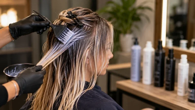 Femme recevant une patine sur cheveux méchés en salon pour neutraliser les reflets jaunes