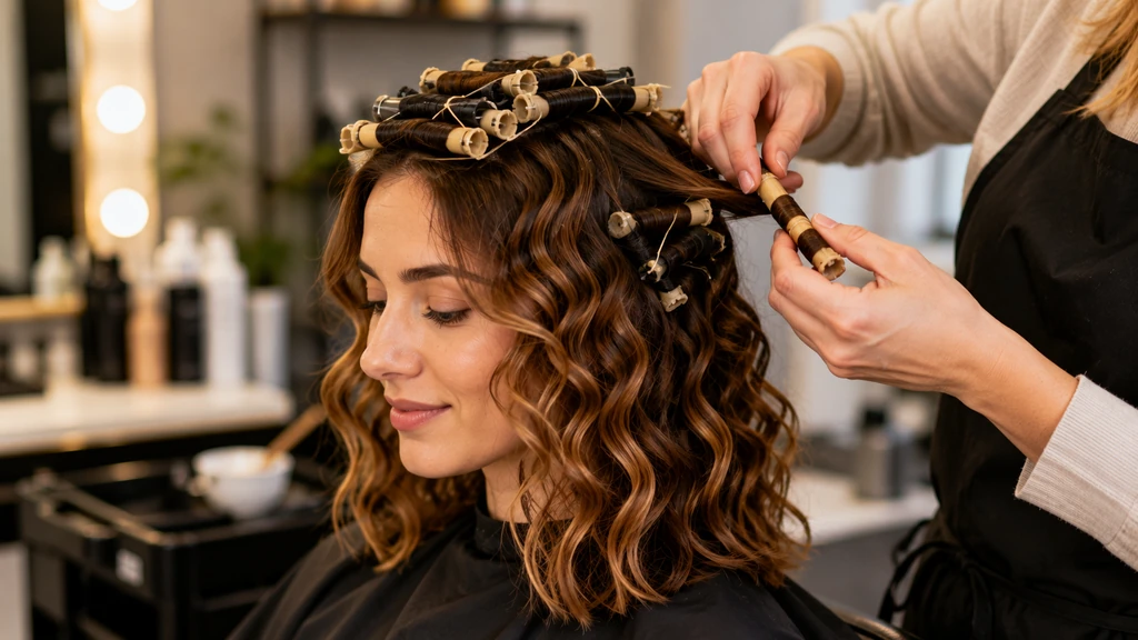 Femme aux cheveux mi-longs avec bigoudis de permanente pendant une mise en forme bouclée en salon
