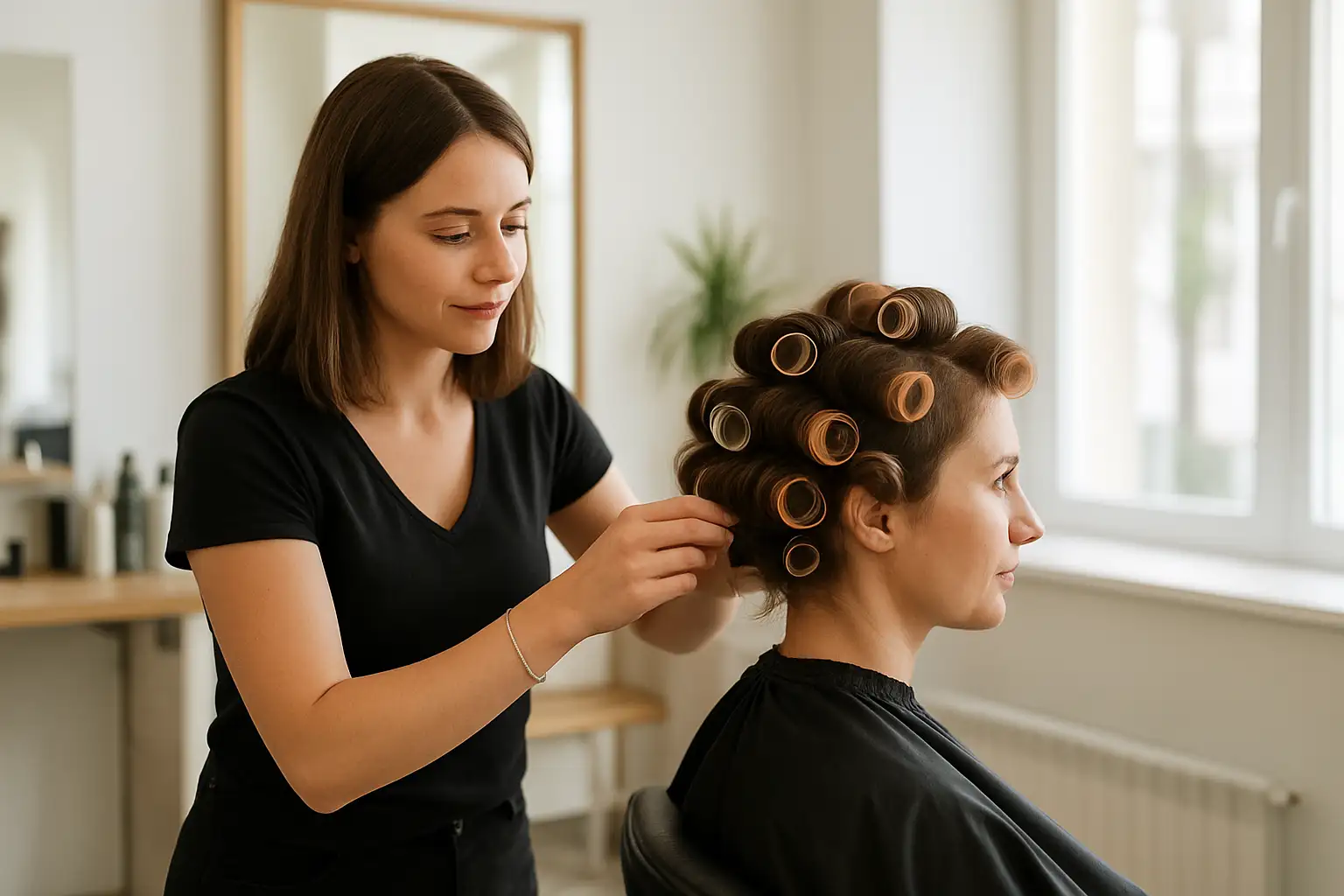 Femme en salon de coiffure avec des bigoudis pour une permanente
