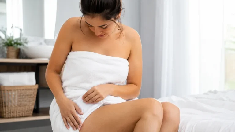 Femme appliquant des soins doux sur la zone du maillot après une irritation de poil incarné