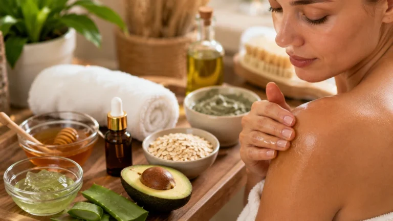 Femme appliquant une huile naturelle raffermissante sur la peau avec aloe vera miel et avocat
