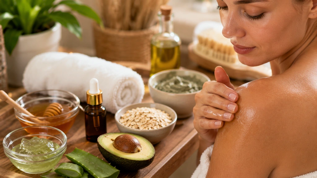 Femme appliquant une huile naturelle raffermissante sur la peau avec aloe vera miel et avocat